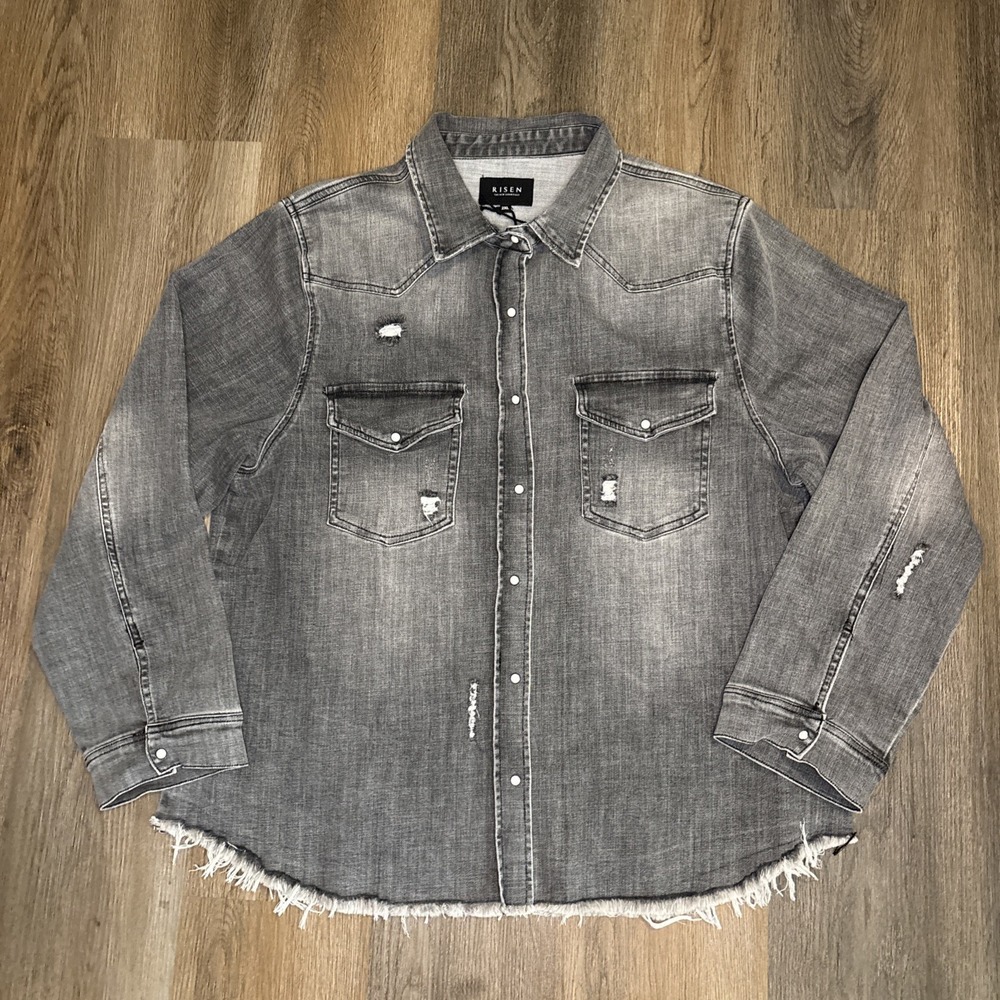 Risen Los Angeles Women's 2XL Pearl Snap Shaket Denim Shirt Jacket Gray Grunge